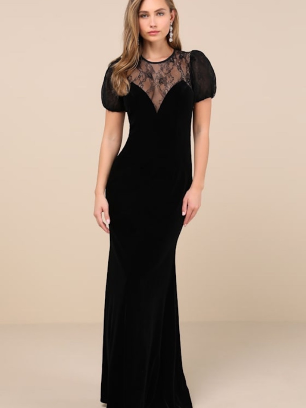New Lulus Alluring Event Black Velvet Lace Puff Sleeve Maxi Dress - Size S